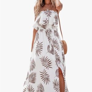 Cupshe White Strapless Maxi Dress with Brown Tropical Leaf Print